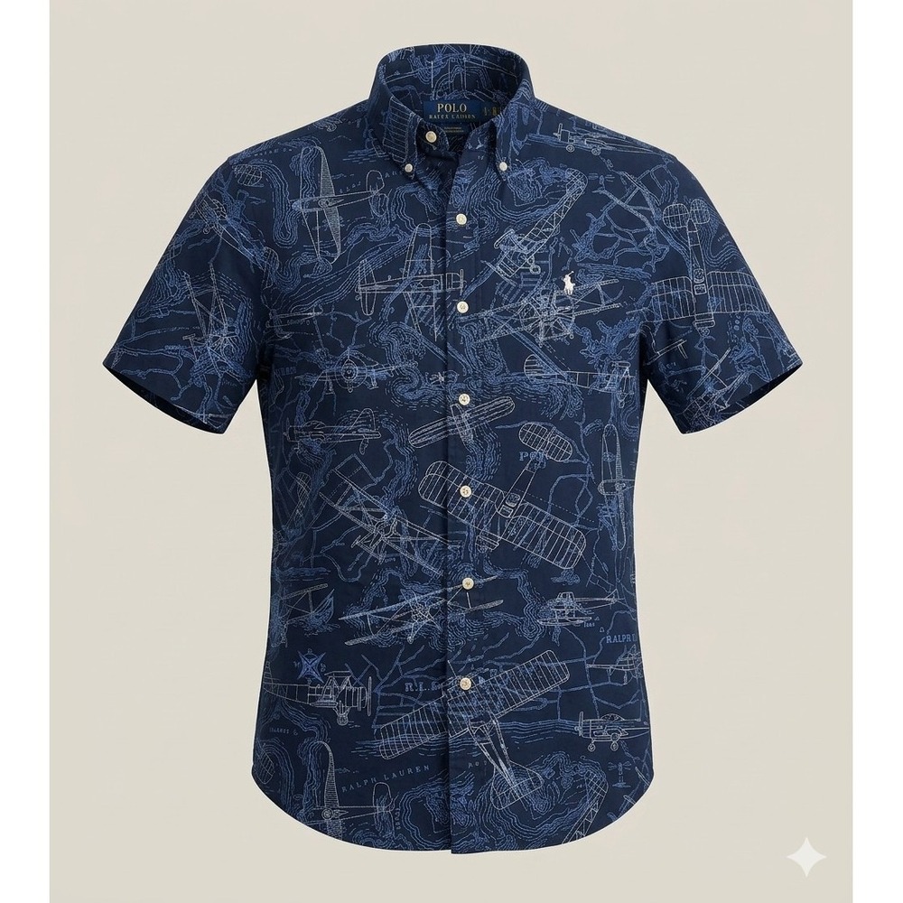 Polo Ralph Lauren Men's Bi-Plane Print Men's Blue Button Up Shirt. Size M